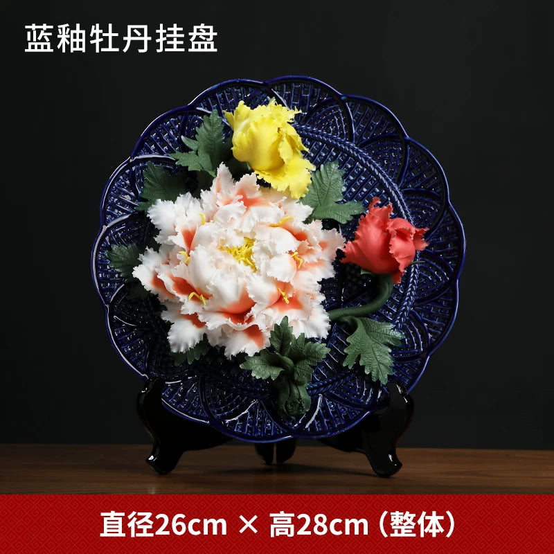 Ceramic handicrafts, peony hanging plate art ornaments, new Chinese living room decorative handicrafts, housewarming gifts