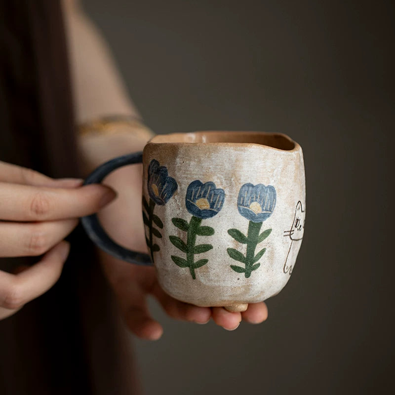 Handmade hand-painted underglaze color pure handmade cat mug original ceramic tea set coffee cup girlfriend gift