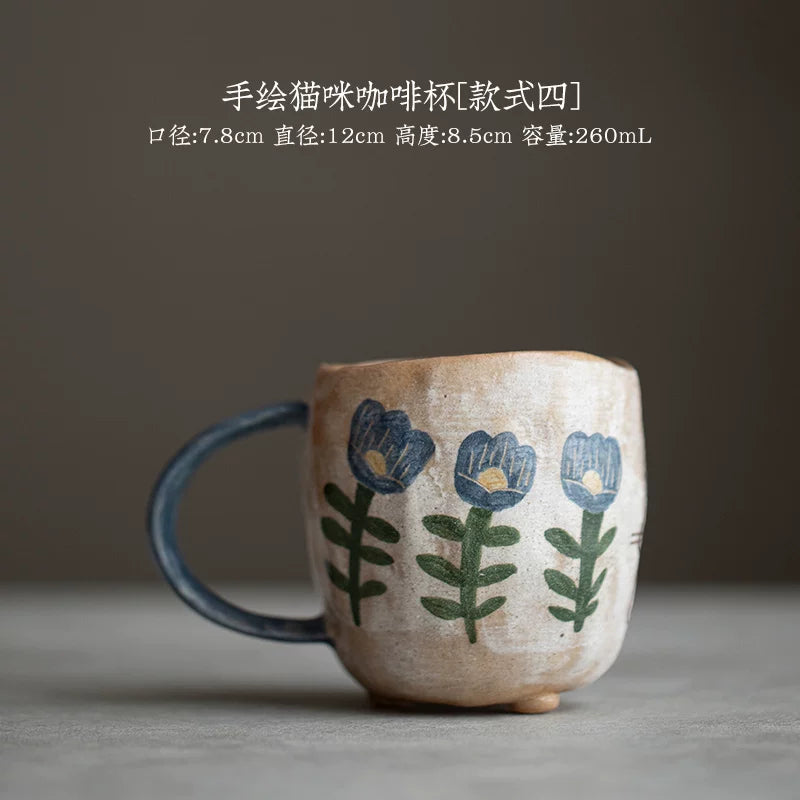 Handmade hand-painted underglaze color pure handmade cat mug original ceramic tea set coffee cup girlfriend gift