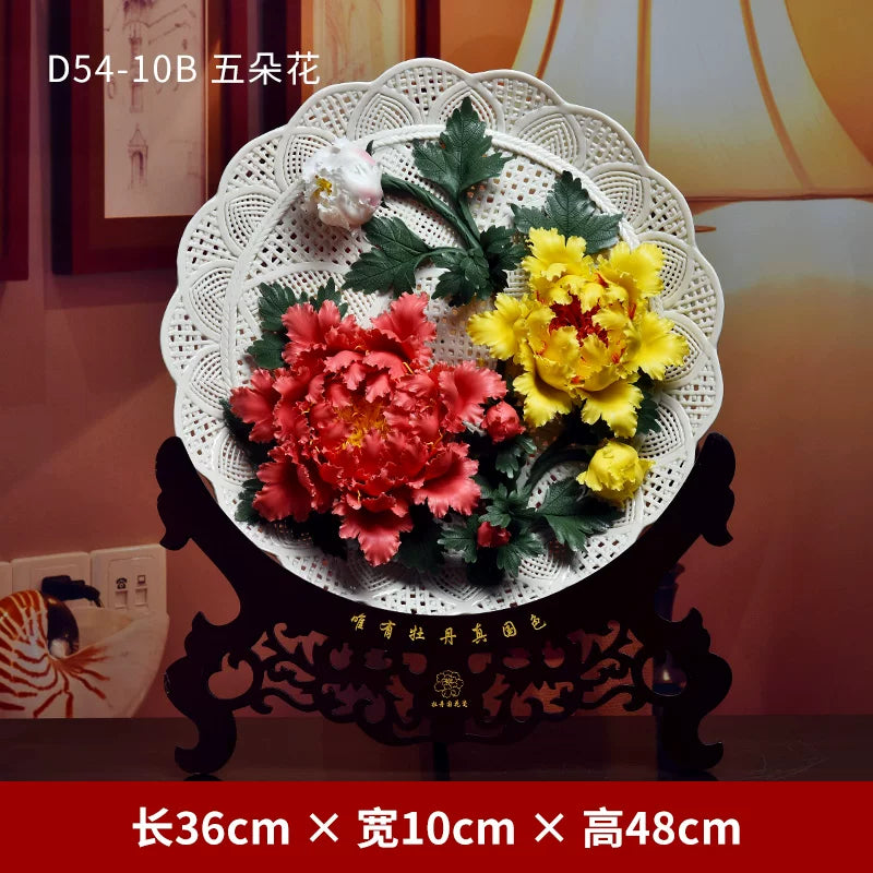 Ceramic handicrafts, peony hanging plate art ornaments, new Chinese living room decorative handicrafts, housewarming gifts