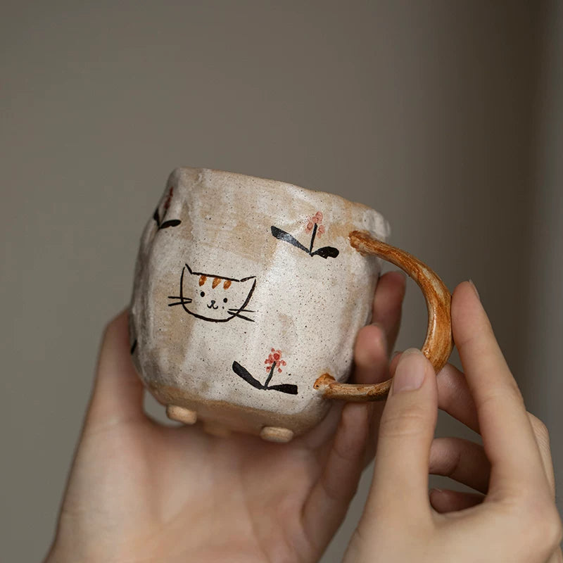 Handmade hand-painted underglaze color pure handmade cat mug original ceramic tea set coffee cup girlfriend gift
