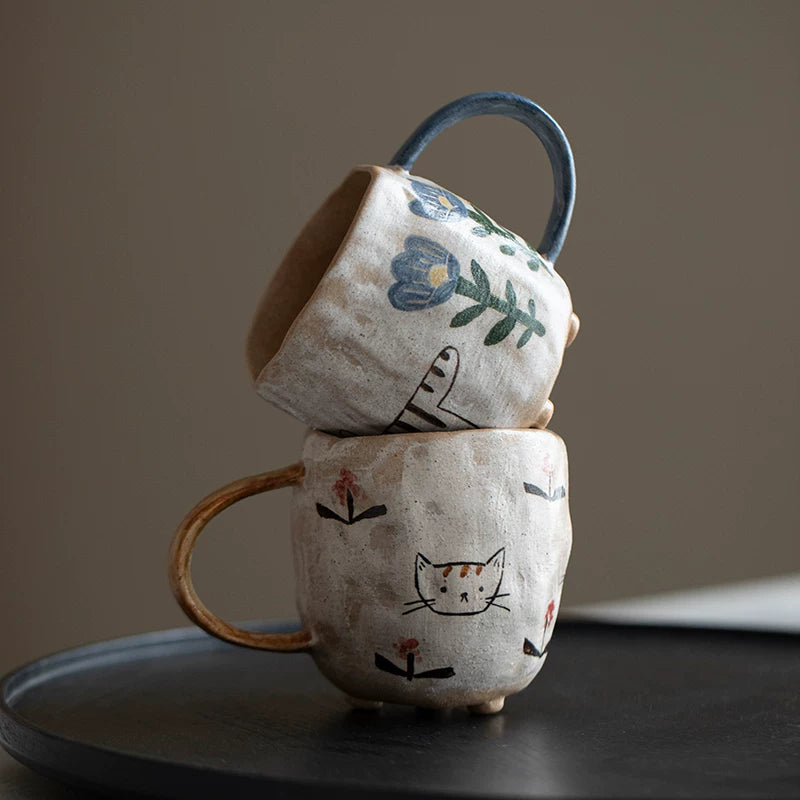 Handmade hand-painted underglaze color pure handmade cat mug original ceramic tea set coffee cup girlfriend gift