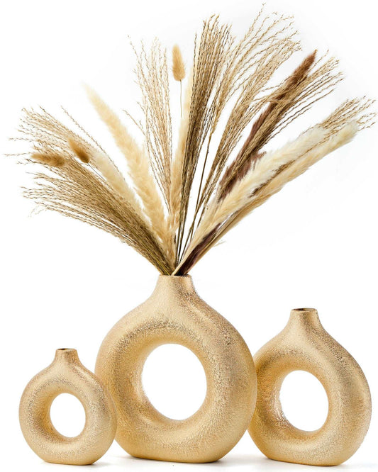 Premium Gold Ceramic Vase, Modern Vase for Minimalist Decor, Hollow Round Matte Pampas Flower Vases for Boho Home Wedding Party Room Dinner Table Shelf Decor(Set of 3) | LAMDAWN