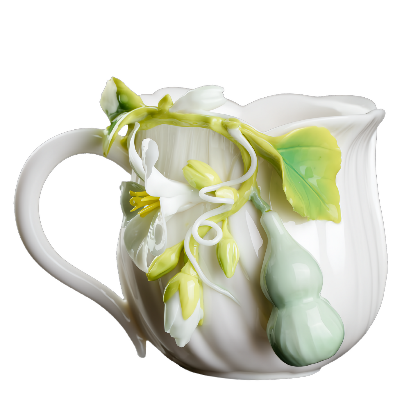 Intangible Cultural Heritage Hand-Sculpted Floral Ceramic Gourd Water Cup Coffee Mug - 100% Handcrafted