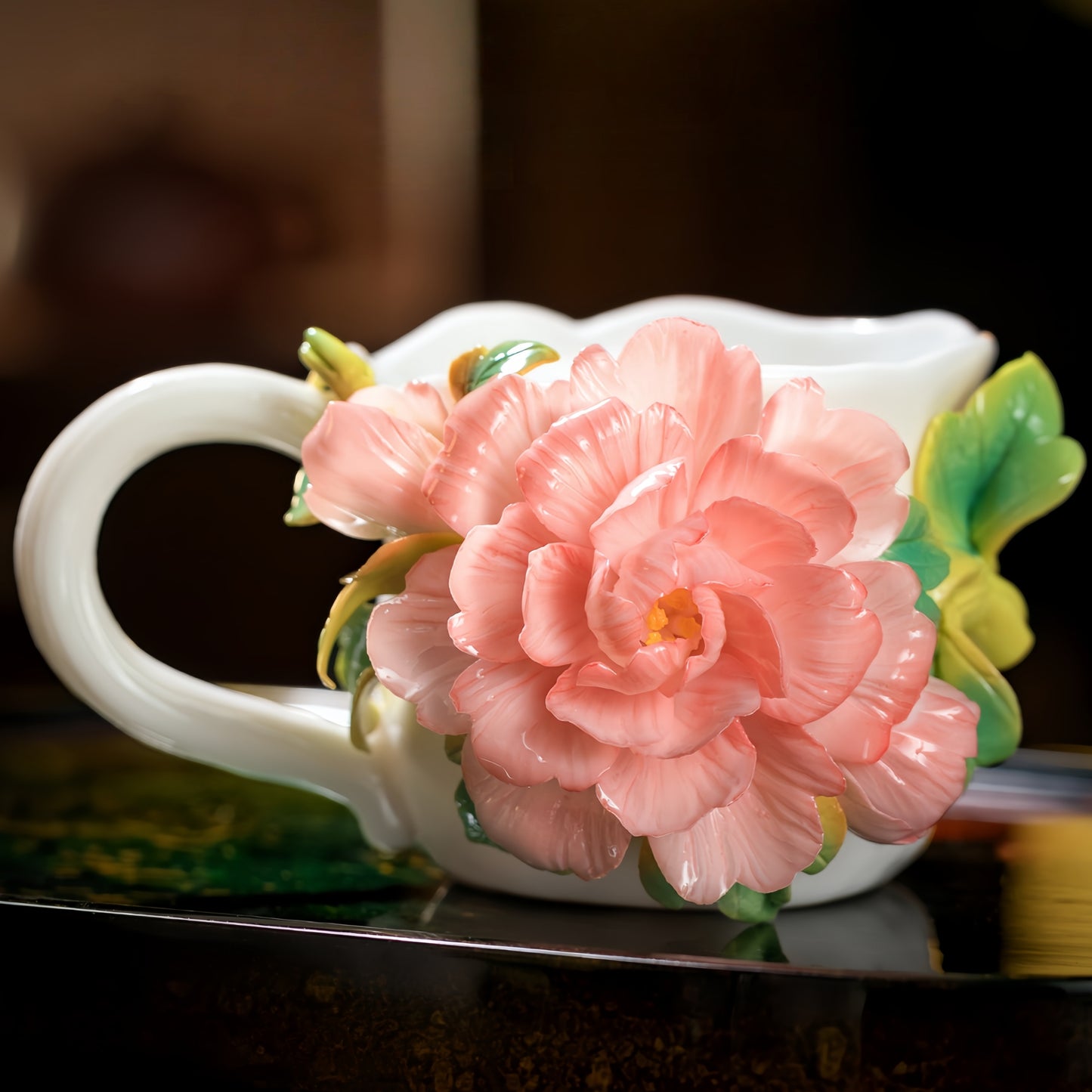 Intangible Cultural Heritage Hand-Sculpted Peony Ceramic Water Cup & Coffee Mug - 100% Handcrafted