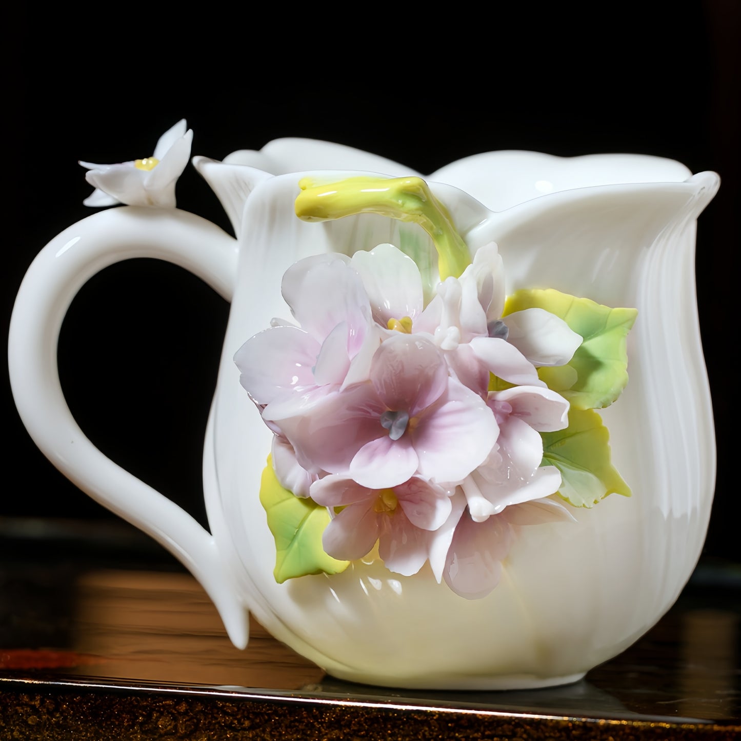 Intangible Cultural Heritage Hand-Sculpted Ceramic Hydrangea Water Cup Coffee Mug - 100% Handcrafted