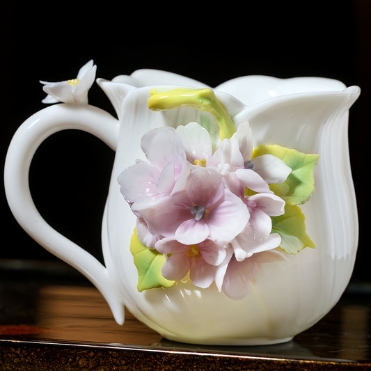 Intangible Cultural Heritage Hand-Sculpted Ceramic Hydrangea Water Cup Coffee Mug - 100% Handcrafted