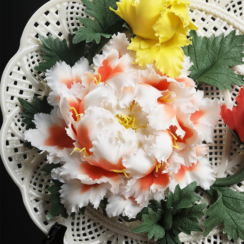 Ceramic handicrafts, peony hanging plate art ornaments, new Chinese living room decorative handicrafts, housewarming gifts