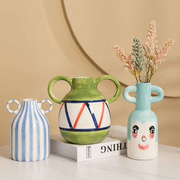 Striped Binaural Ceramic Vase Cute Smiling Face Decorative Decoration Pottery Pot | Ceramic Vase | RB&RAMICS