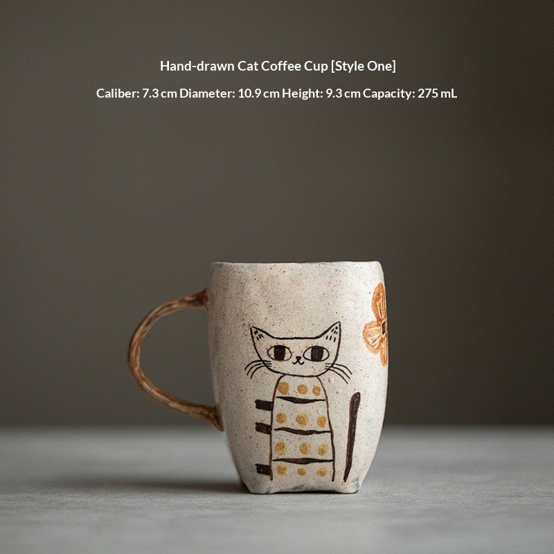 Handmade hand-painted cat ceramic teacup Original tea set Pure handmade wabi-sabi mug Coffee cup Water cup