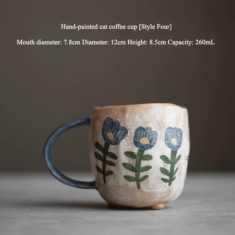 Handmade hand-painted underglaze color pure handmade cat mug original ceramic tea set coffee cup girlfriend gift