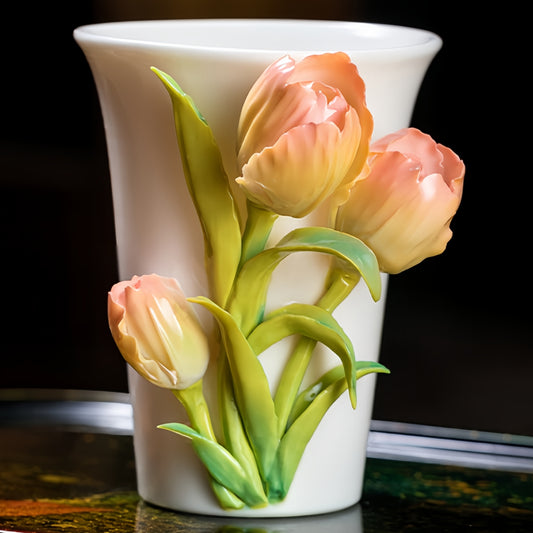 Intangible Cultural Heritage Hand-Sculpted Ceramic Tulip Flower Cola Cup Coffee Mug(pink) - 100% Handcrafted