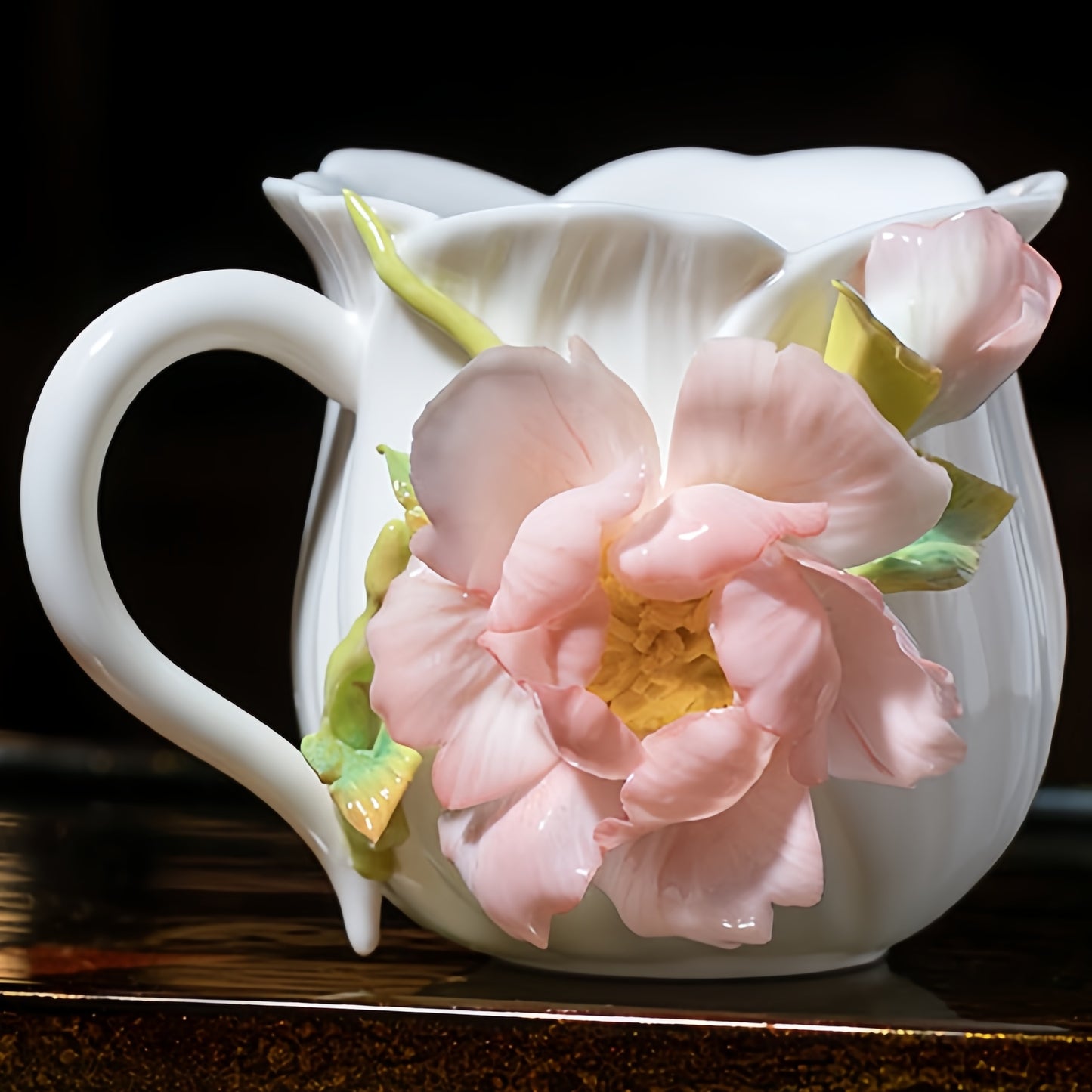 Intangible Cultural Heritage Hand-Sculpted Ceramic Peony Flower Water Cup Coffee Mug(red) - 100% Handcrafted
