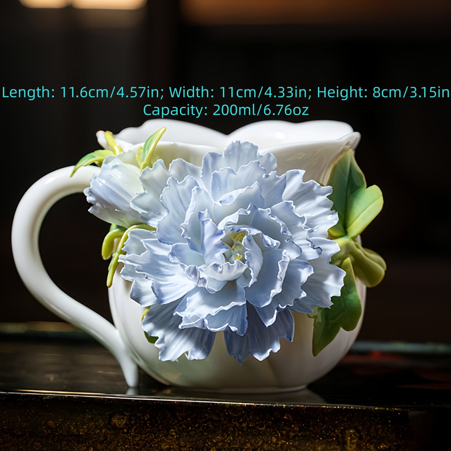 Intangible Cultural Heritage Hand-Sculpted Floral Ceramic Cup (Gathering Light Among Flowers - Misty Rain Blue) - 100% Handcrafted