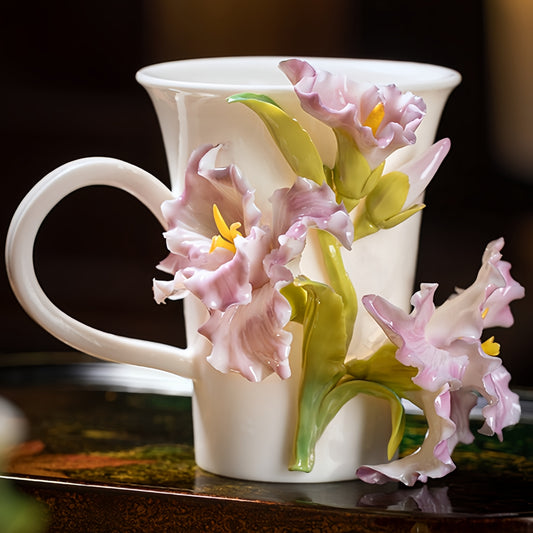 Intangible Cultural Heritage Hand-Sculpted Ceramic Gladiolus Flower Water Cup Coffee Mug (Gradient Purple) - 100% Handcrafted