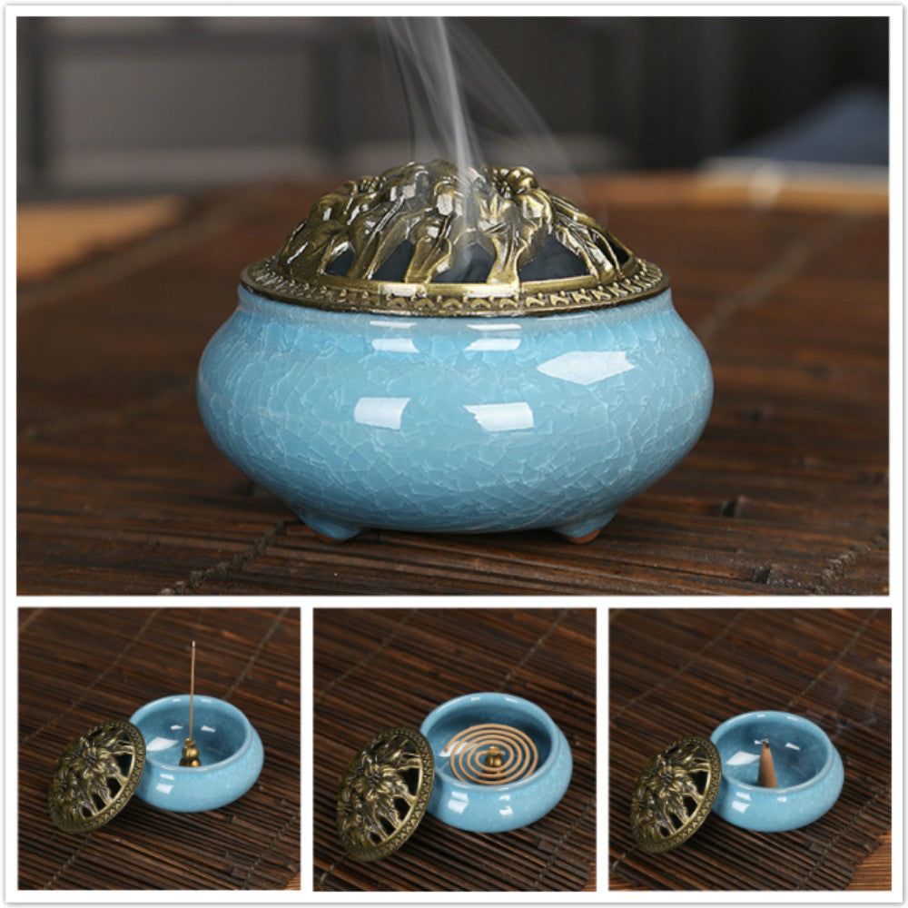 LAMDAWN Ceramic Incense Burner with Incense Stick Holder + Insulation use for Stick or Coil Incense, Cones and Frankincense (Sky Blue) - LAMDAWN