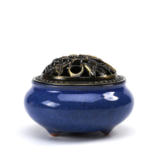 LAMDAWN Ceramic Incense Burner with Incense Stick Holder + Insulation use for Stick or Coil Incense, Sage Cones and Frankincense (Blue) | INCENSE BURNER | LAMDAWN