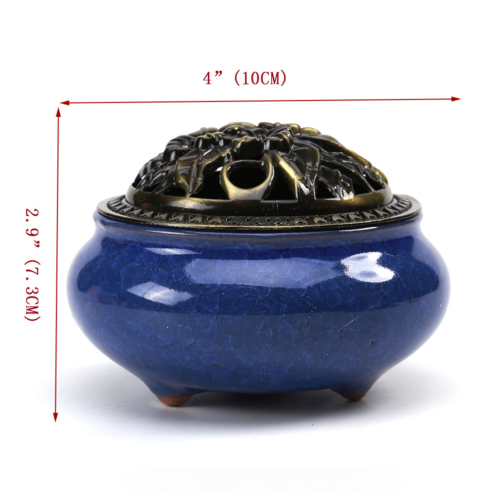 LAMDAWN Ceramic Incense Burner with Incense Stick Holder + Insulation use for Stick or Coil Incense, Sage Cones and Frankincense (Blue) - LAMDAWN