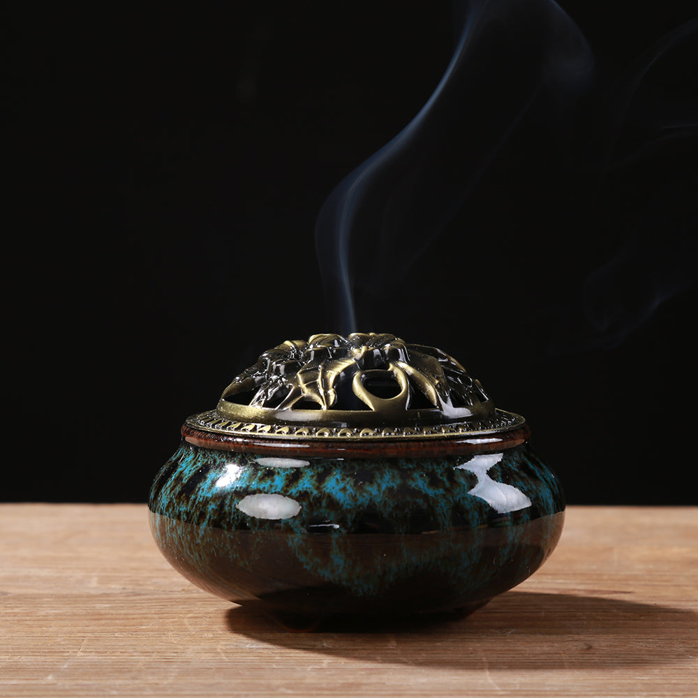 LAMDAWN Ceramic Incense Burner with Incense Stick Holder + Insulation use for Stick or Coil Incense, Sage Cones and Frankincense (Fambe Blue) - LAMDAWN