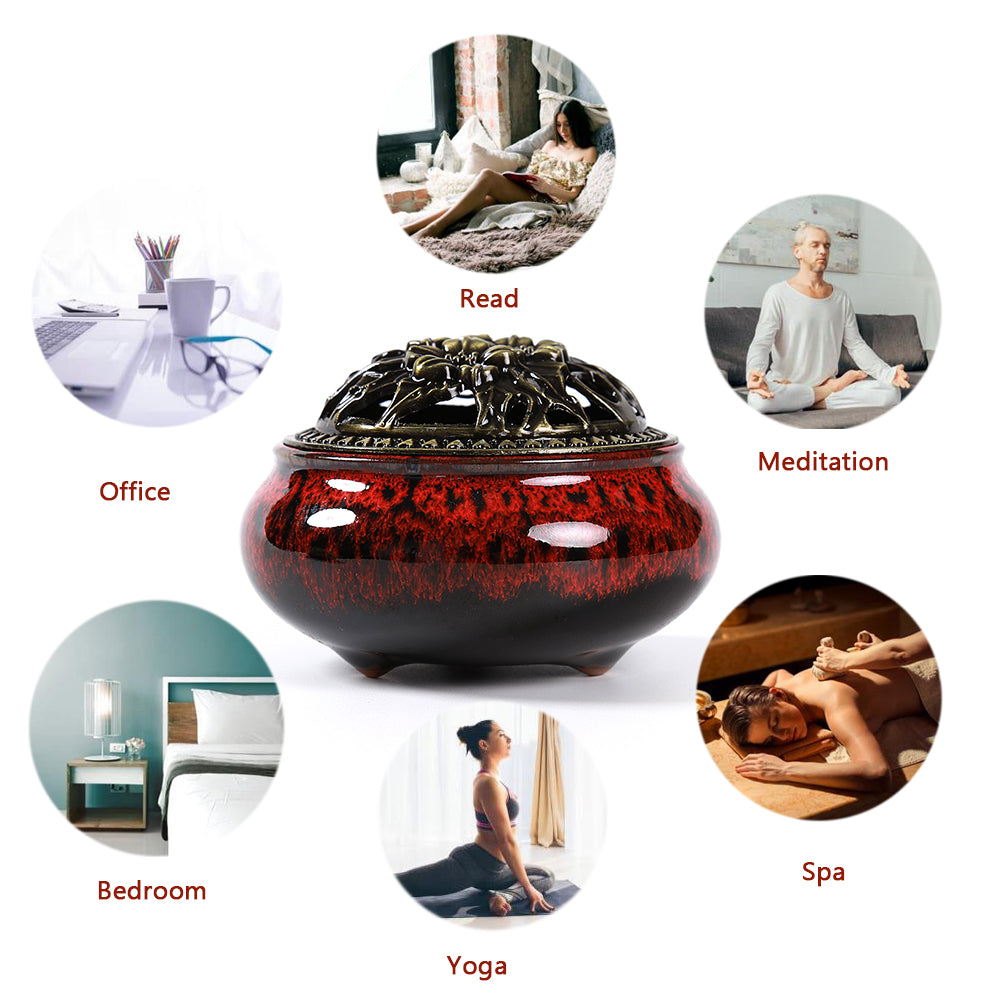 LAMDAWN Ceramic Incense Burner with Incense Stick Holder + Insulation use for Stick or Coil Incense, Sage Cones and Frankincense (Fambe Red) - LAMDAWN