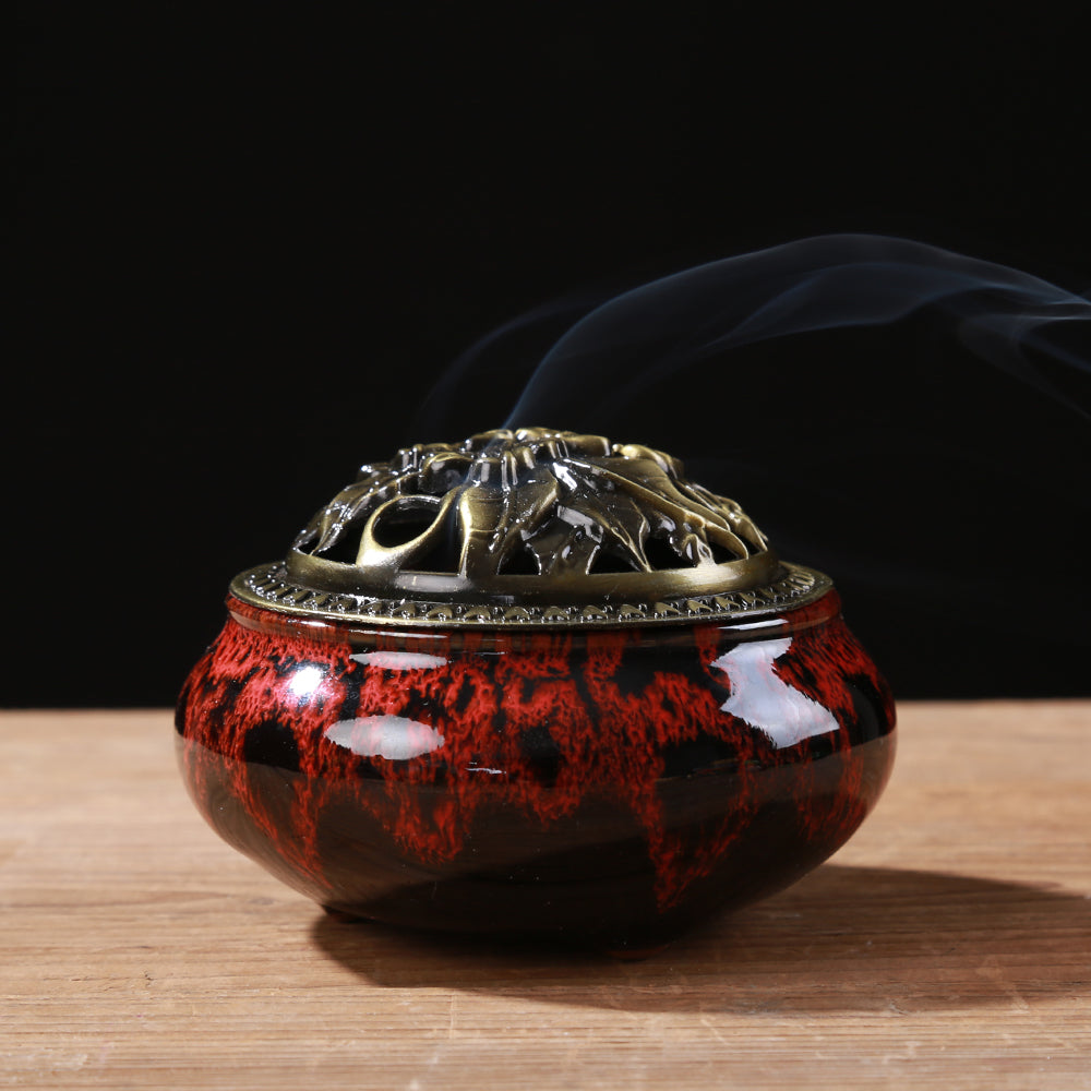 LAMDAWN Ceramic Incense Burner with Incense Stick Holder + Insulation use for Stick or Coil Incense, Sage Cones and Frankincense (Fambe Red) - LAMDAWN