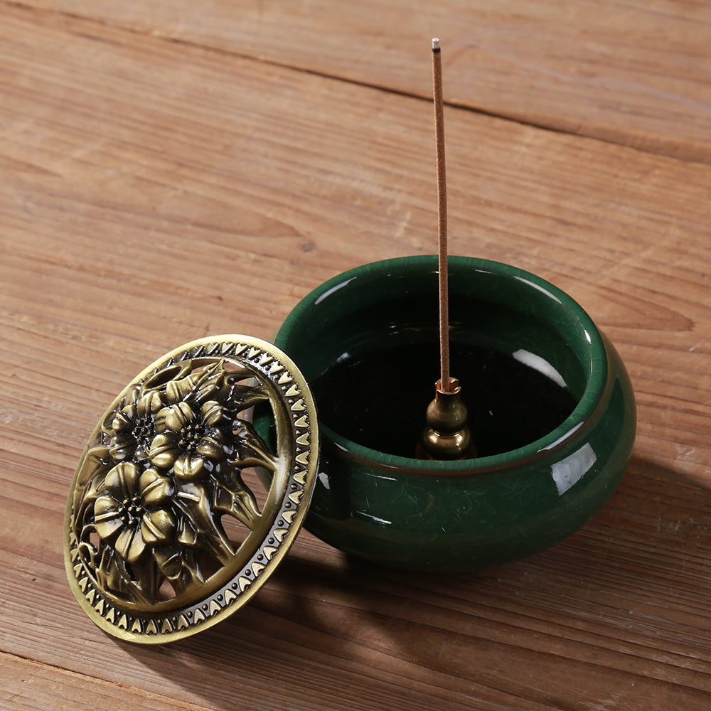 LAMDAWN Ceramic Incense Burner with Incense Stick Holder + Insulation use for Stick or Coil Incense, Sage Cones and Frankincense (Green) - LAMDAWN