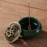 LAMDAWN Ceramic Incense Burner with Incense Stick Holder + Insulation use for Stick or Coil Incense, Sage Cones and Frankincense (Green) - LAMDAWN