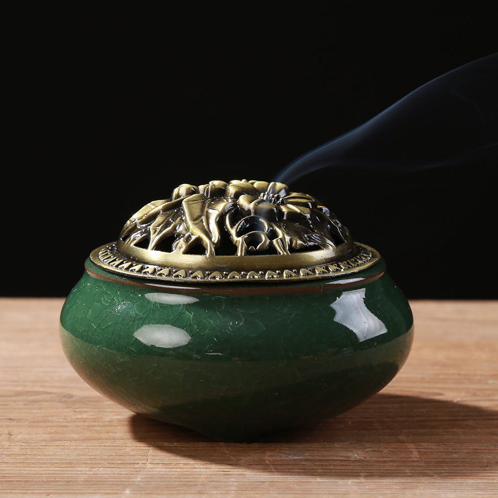 LAMDAWN Ceramic Incense Burner with Incense Stick Holder + Insulation use for Stick or Coil Incense, Sage Cones and Frankincense (Green) - LAMDAWN